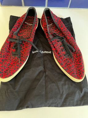 Saint Laurent Red and Black Leopard Print Low-Top Sneakers